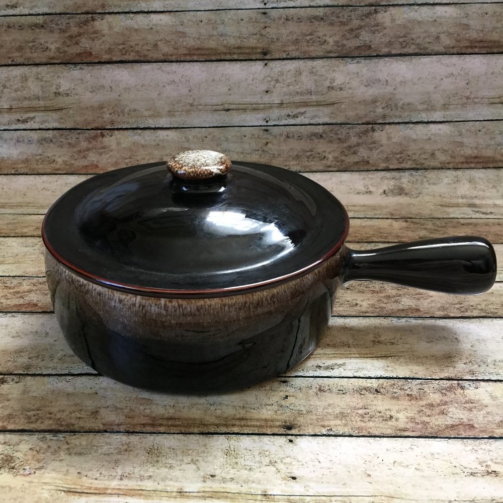 Vintage Pfaltzgraff Brown Stoneware Drip Glaze Bean Pot With Handle & Lid